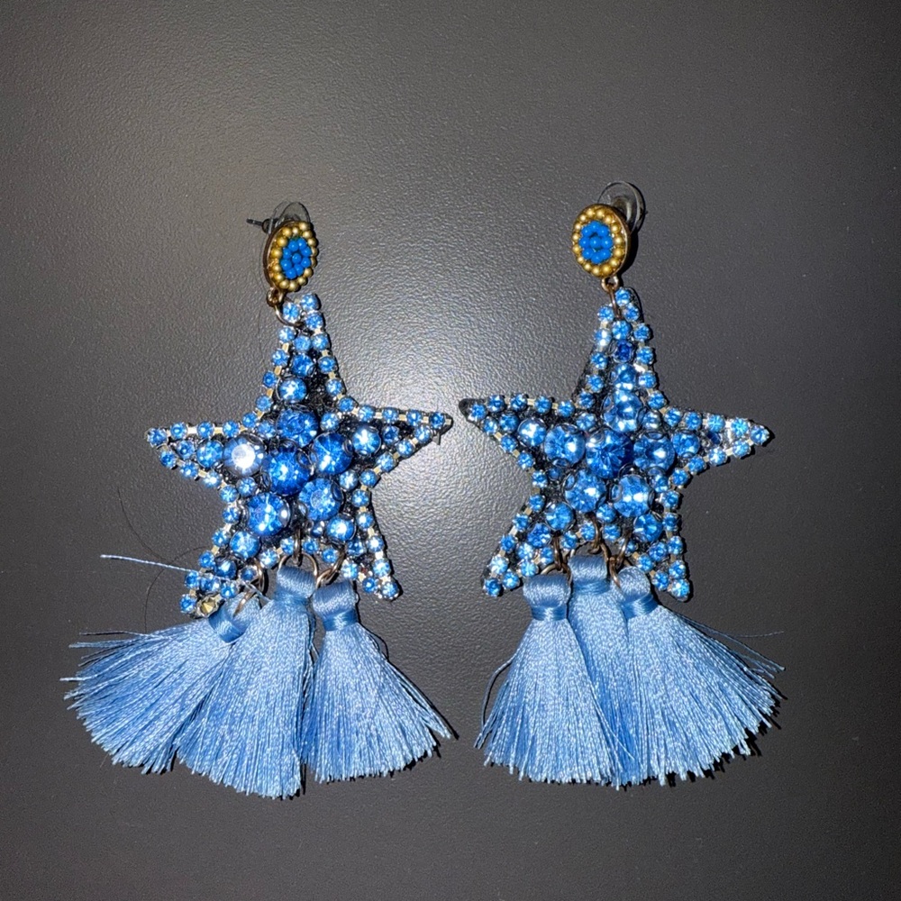 Anthropologie Statement Blue Star Tassel Earrings
